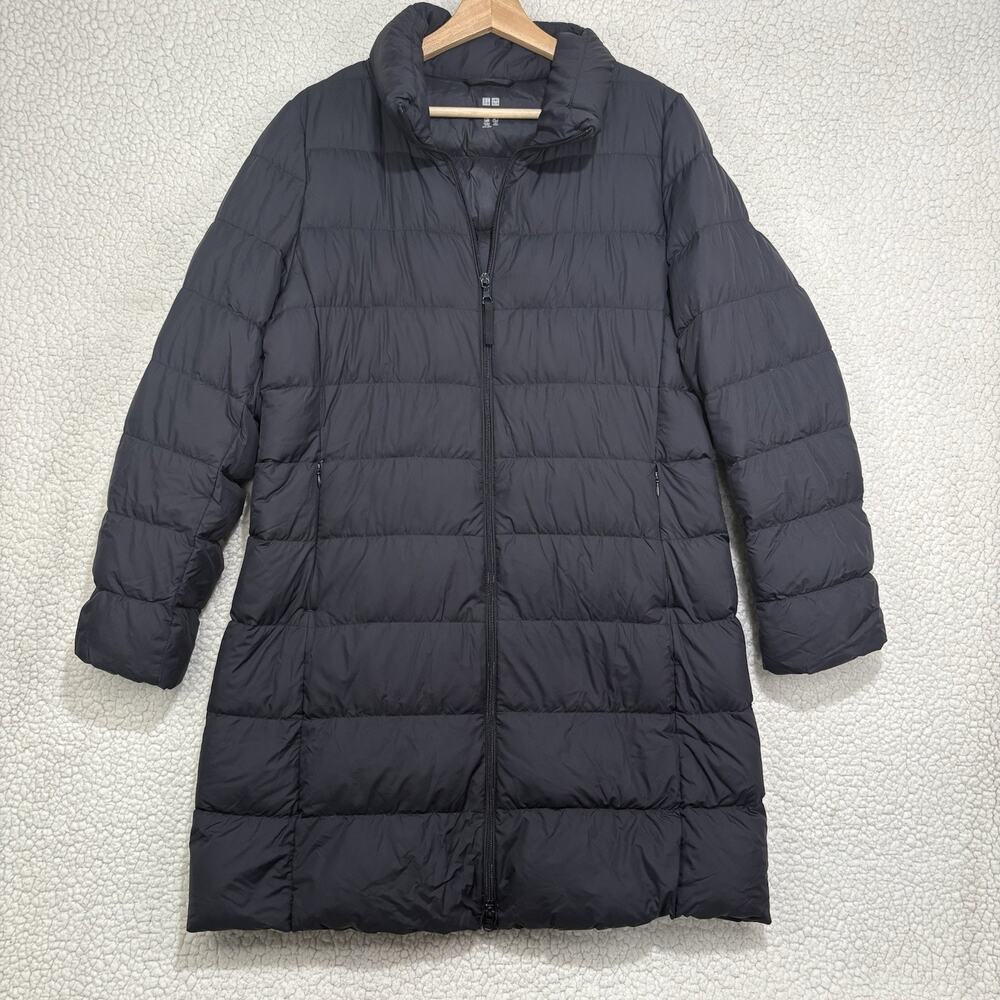 Uniqlo Ultra Light Down Long Coat Grey Hooded Puffer Jacket Womens L No Hood****